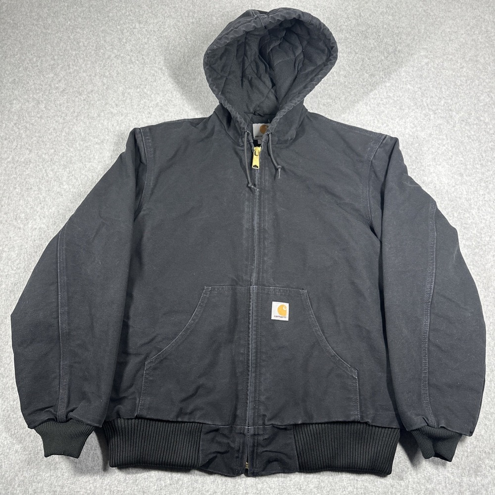 Vtg Carhartt Canvas Jacket Hooded Lined Black Medium Full Zip Union Made in USA